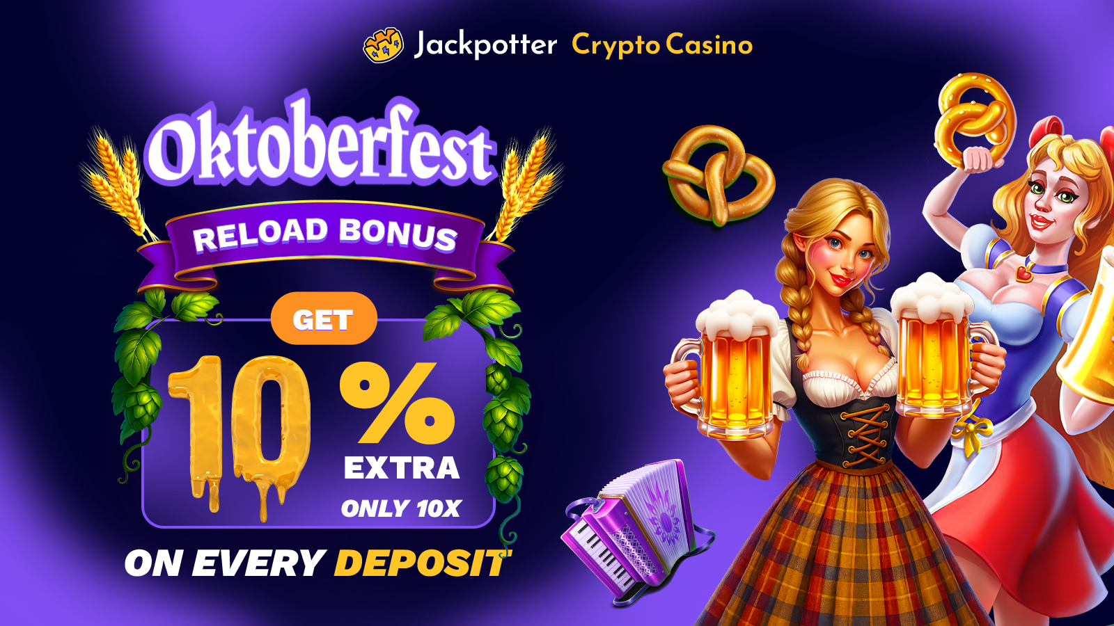 Oktoberfest Reload Bonus at Jackpotter  - Get 10 % Extra on Every Deposit with 10x Wager!