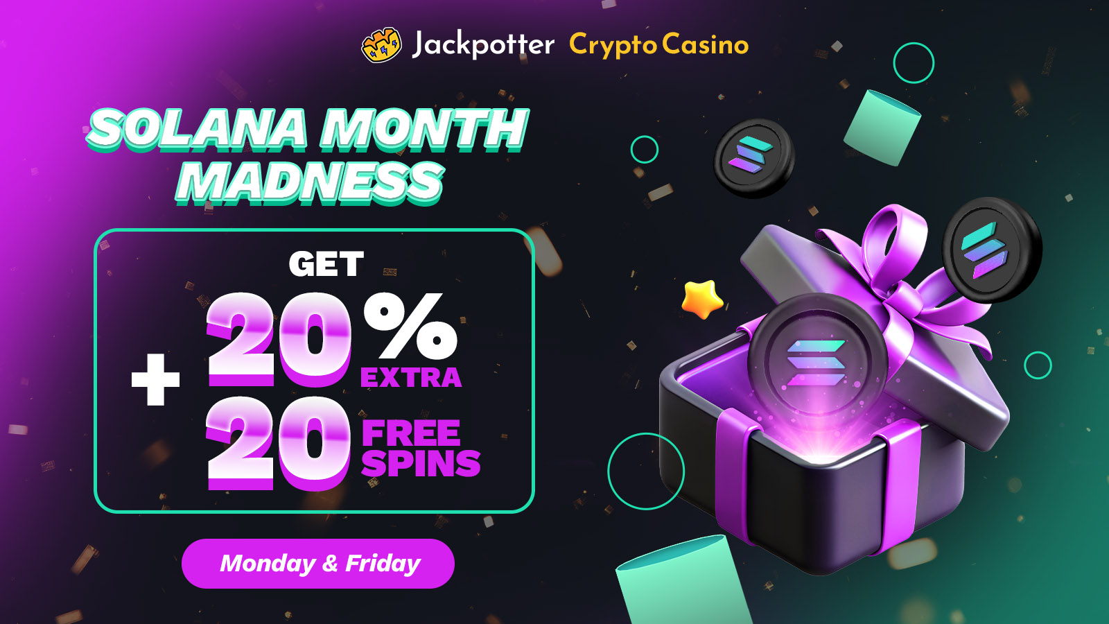 Solana Month at Jackpotter – 20% extra cash + 20 Free Spins on Every Deposit